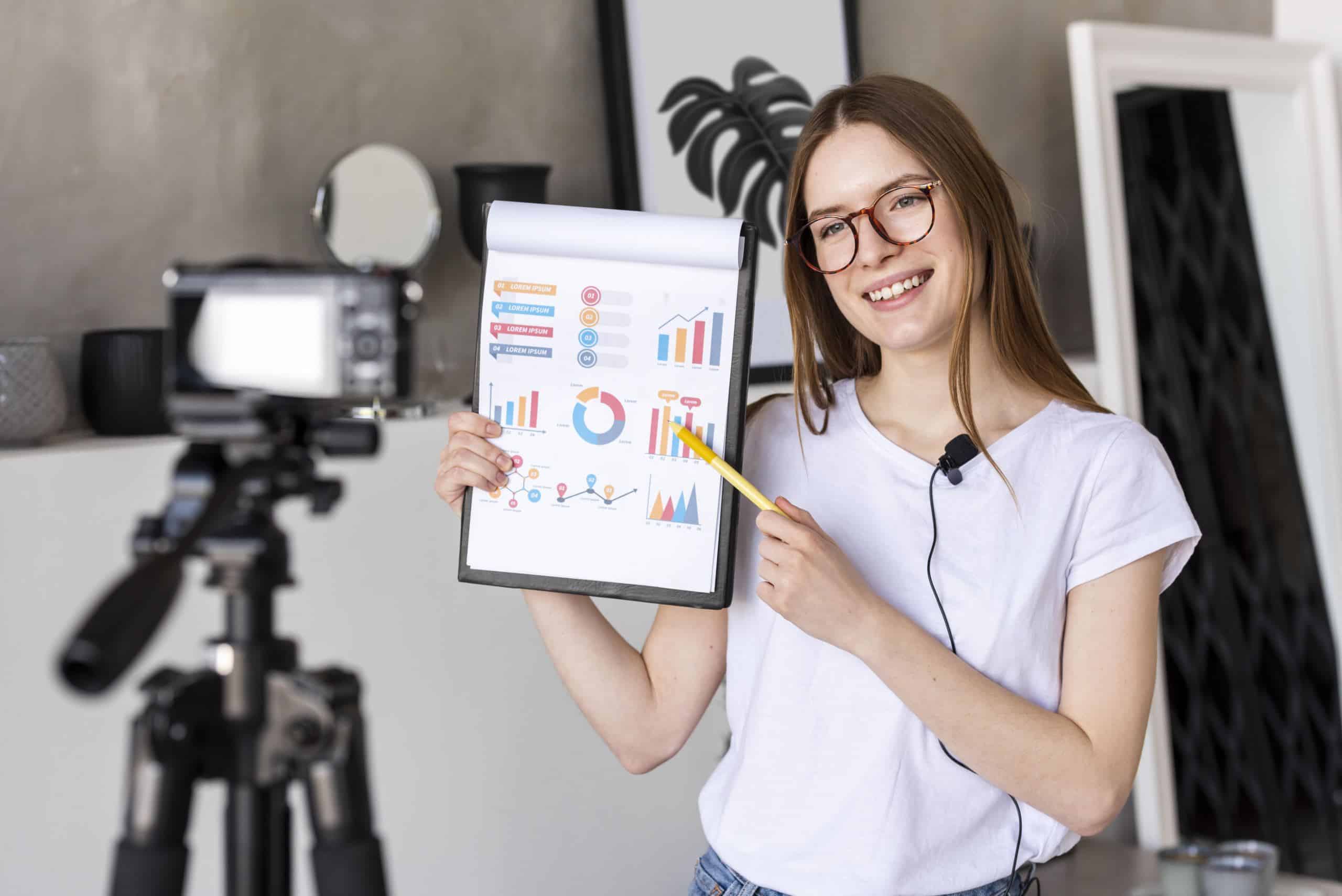 young blogger recording with professional camera holding clipboard with graphics scaled