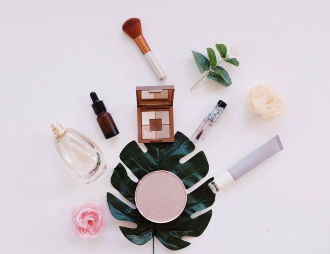 flat lay of various skincare products for mock up in minimal style